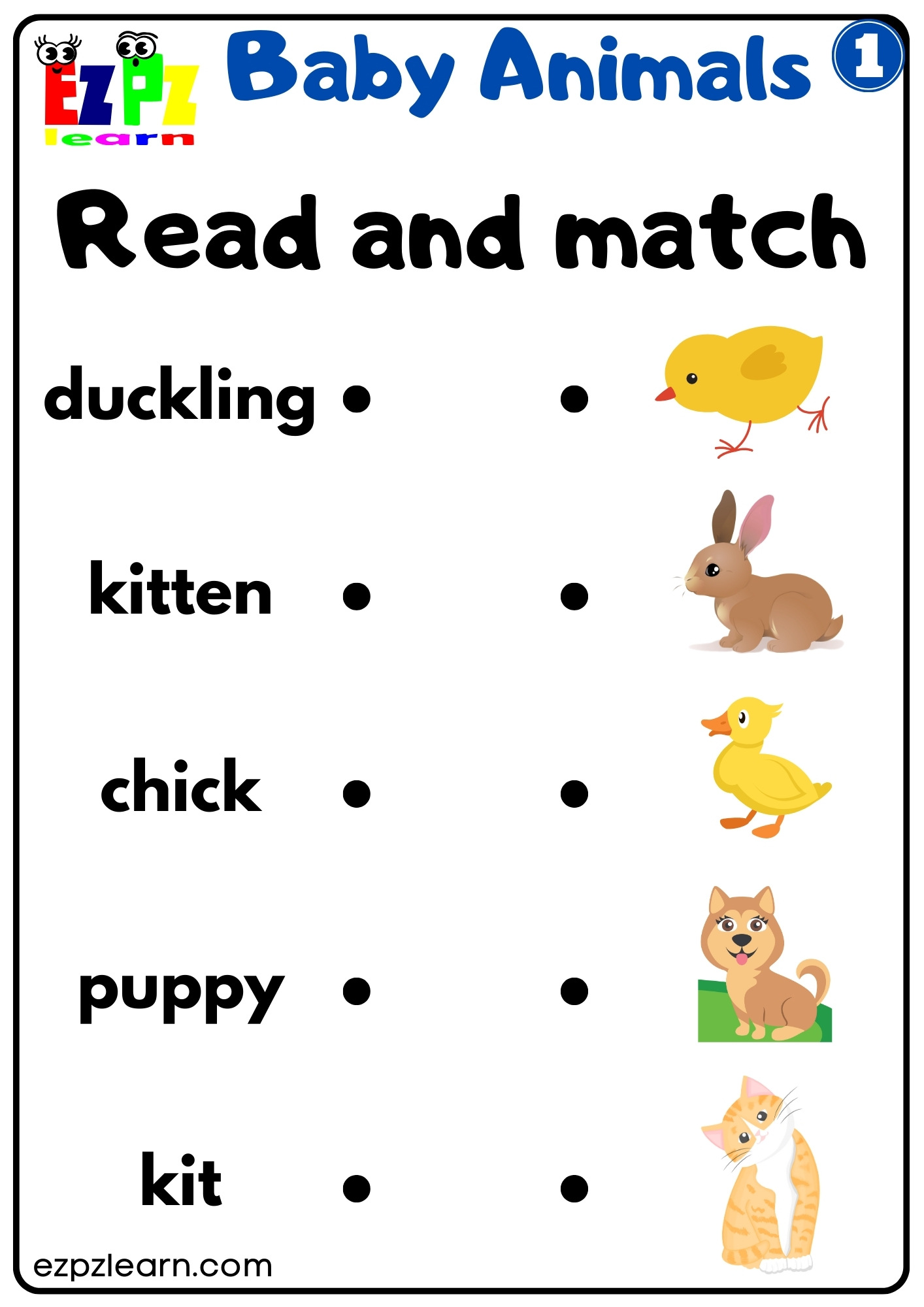 Baby Animals Vocabulary Read and Match Activity for English Language Learners and Kindergarten Students Free Download